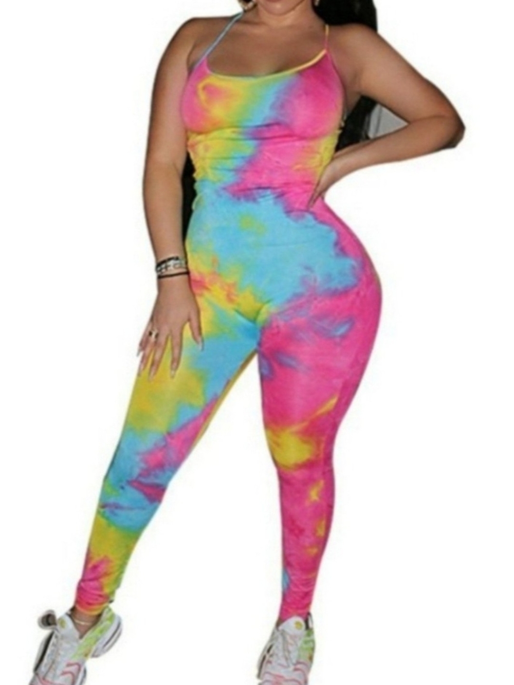 Women's Spaghetti Tie Dye Criss Cross Backless Bodycon Cami Jumpsuit.
